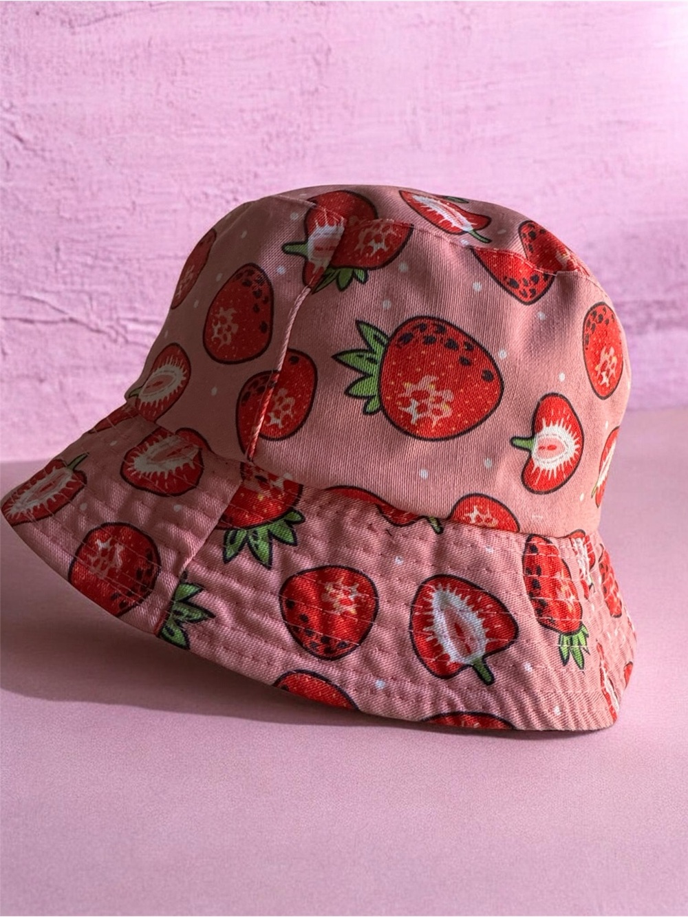 Pink Strawberry Print Bucket Hat